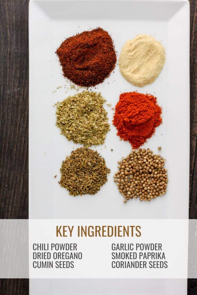 A white plate with various whole spices in small piles.