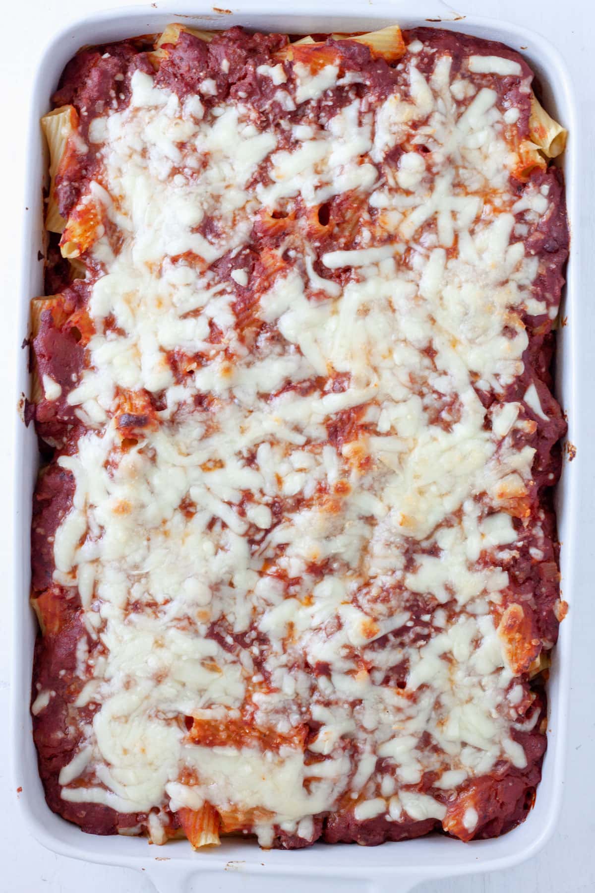 Rigatoni al forno baked and bubbly with melty cheese on top.