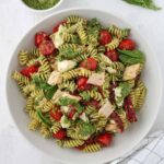 A large bowl of tuna pesto pasta.