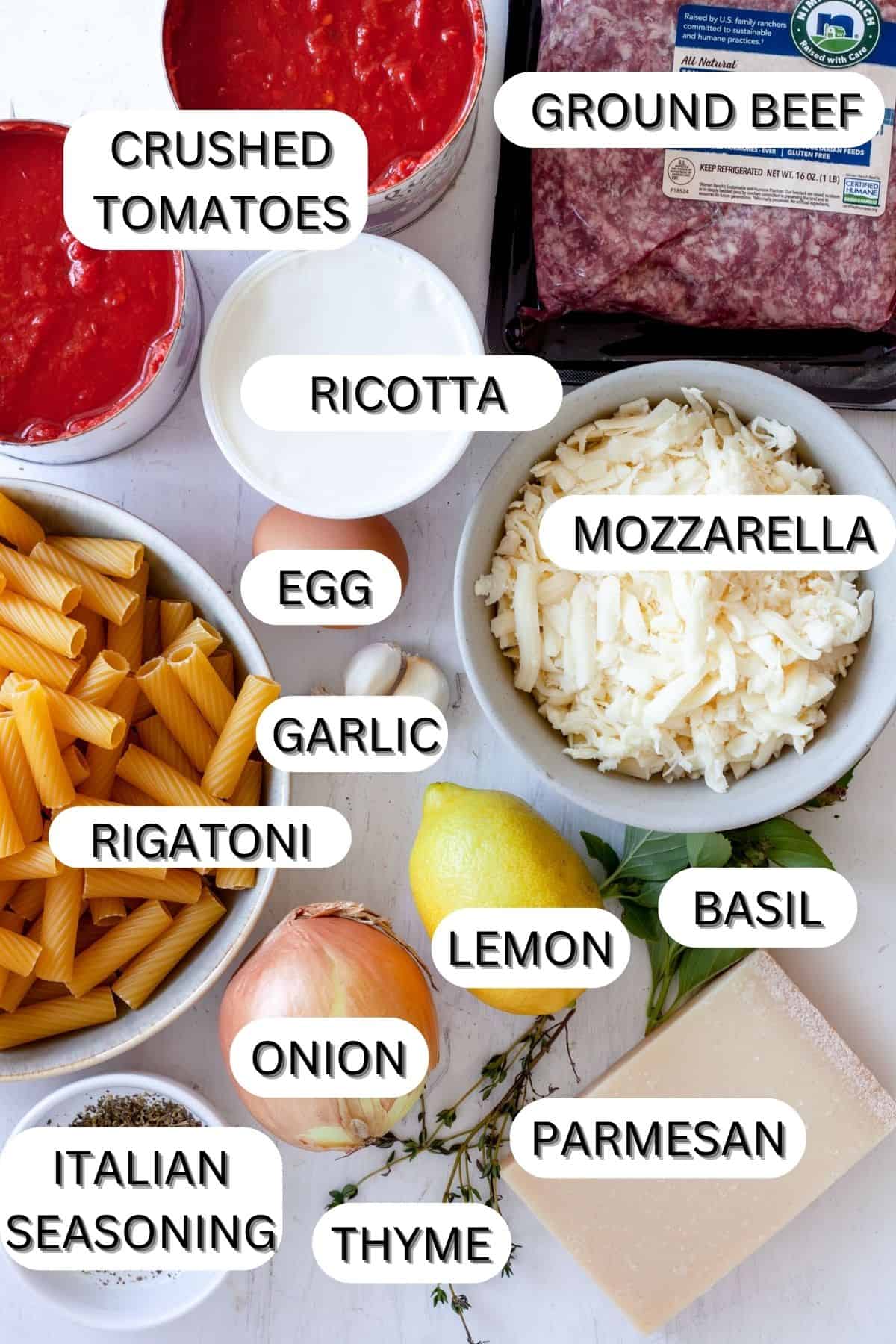 Ingredients for rigatoni al forno.