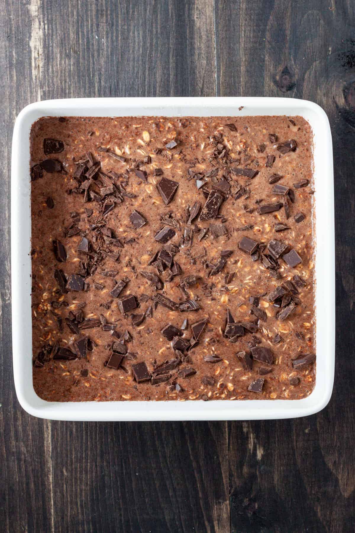 Chocolate baked oatmeal in a 8-inch square pan.