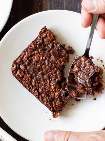 A portion of chocolate baked oatmeal.
