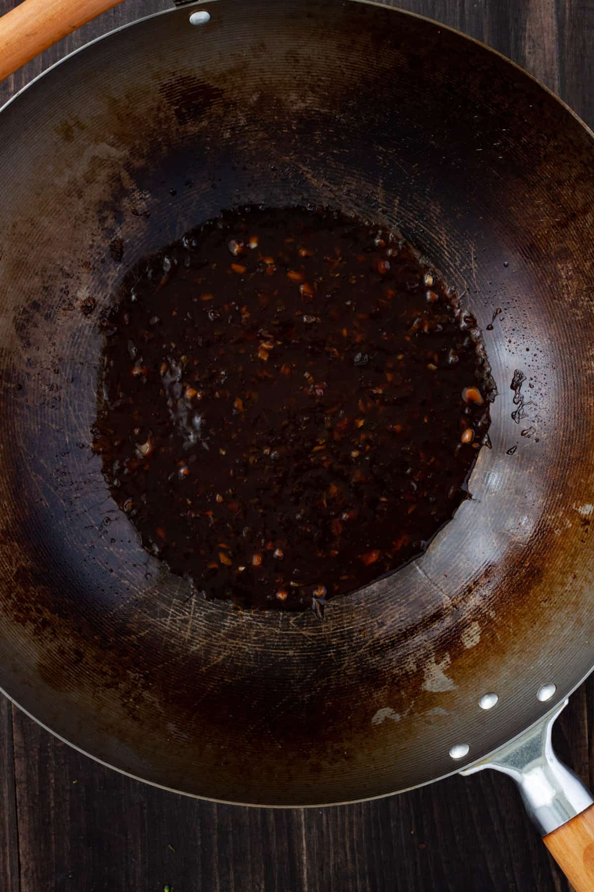 Teriyaki sauce in a wok.