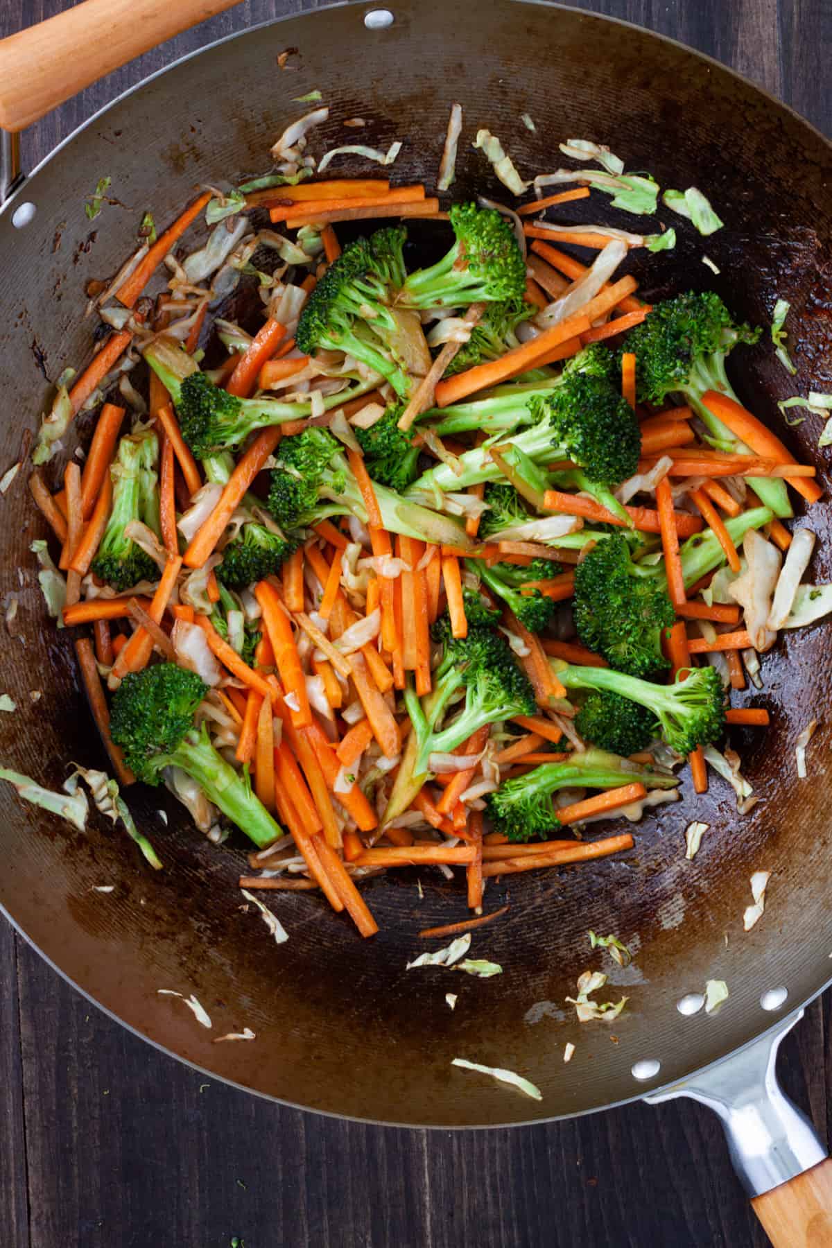 Vegetables cooking in a wok.