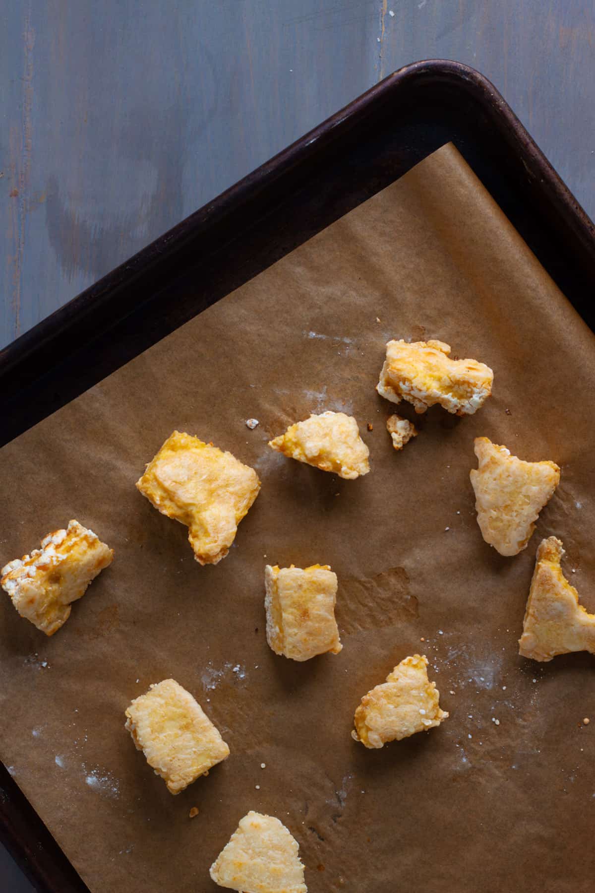 Crispy tofu on a baking sheet.