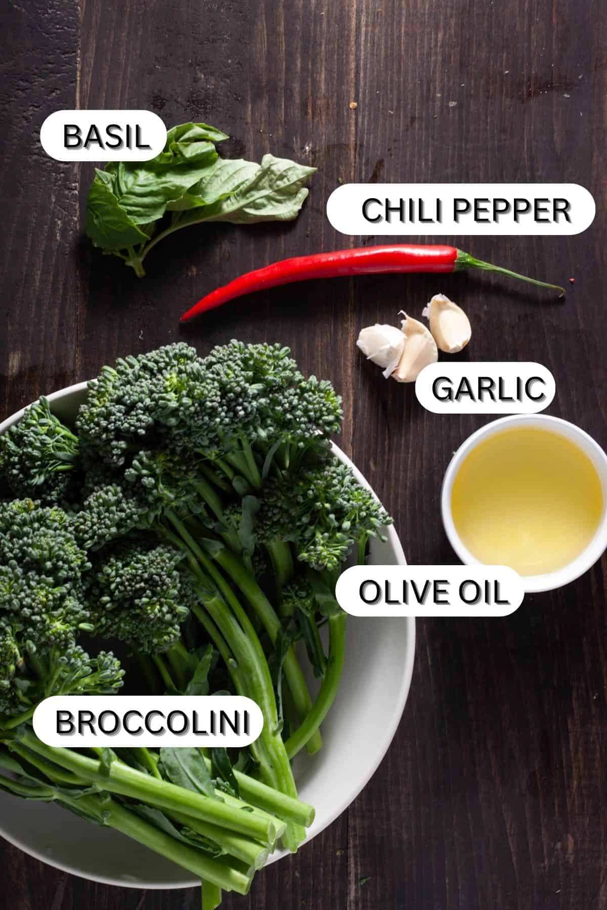 Ingredients for charred broccolini with chili and garlic.