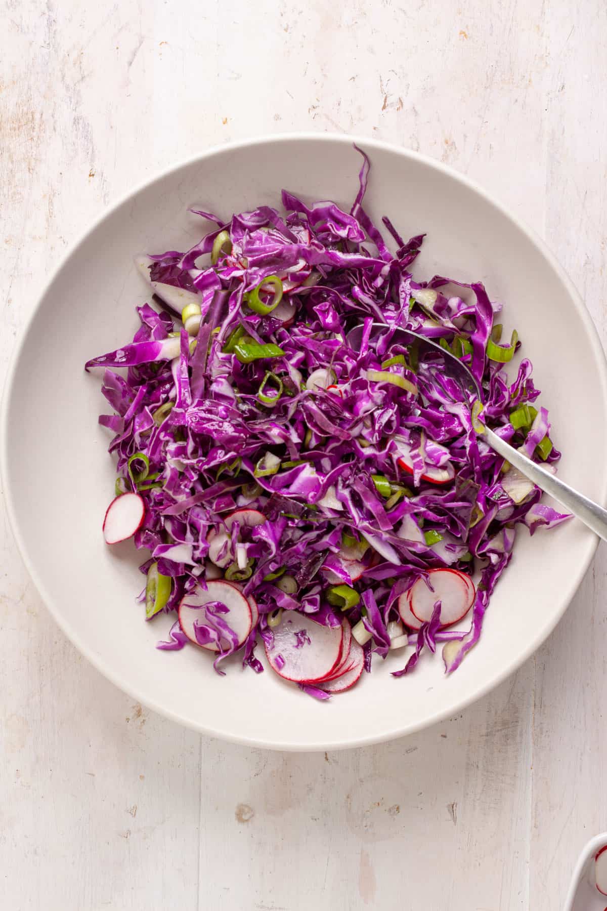 Shredded red cabbage, sliced radishes and scallions in a medium bowl.