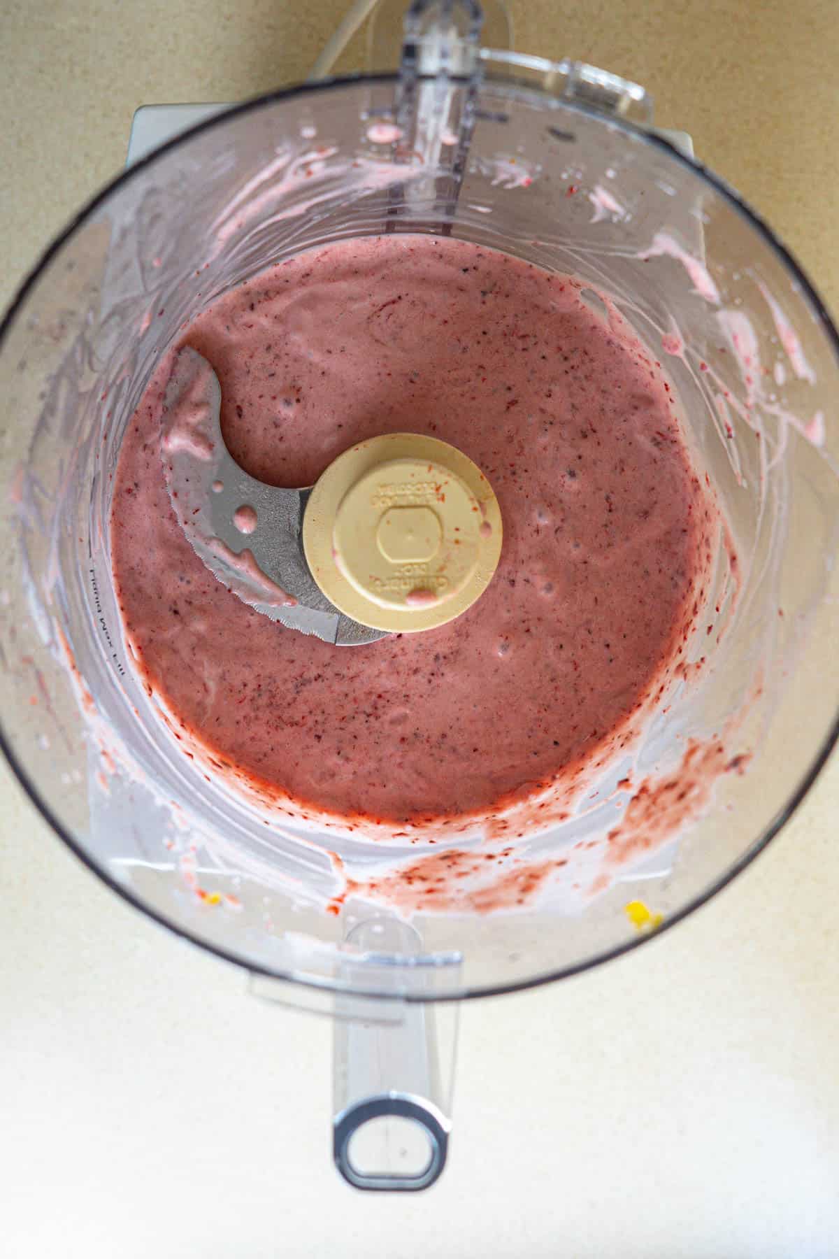 Roasted strawberries and yogurt pureed in a food processor.