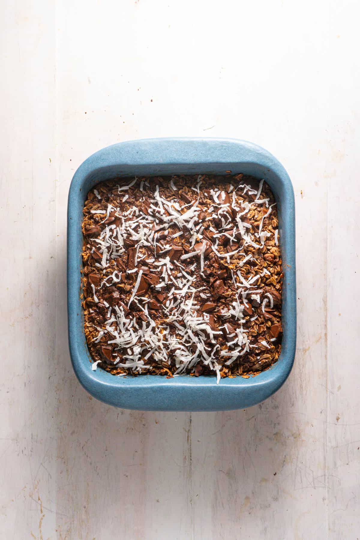 A German chocolate cake baked oatmeal topped with shredded coconut.