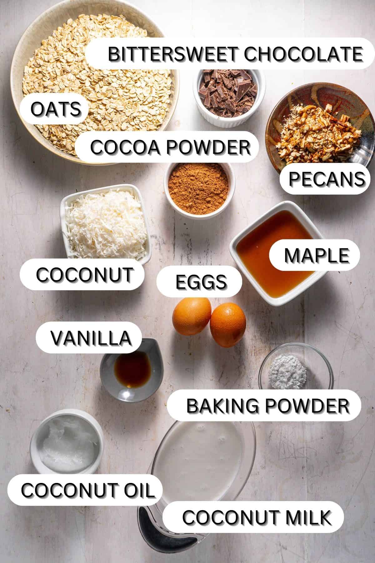 Ingredients for a German chocolate cake baked oatmeal on a white table.