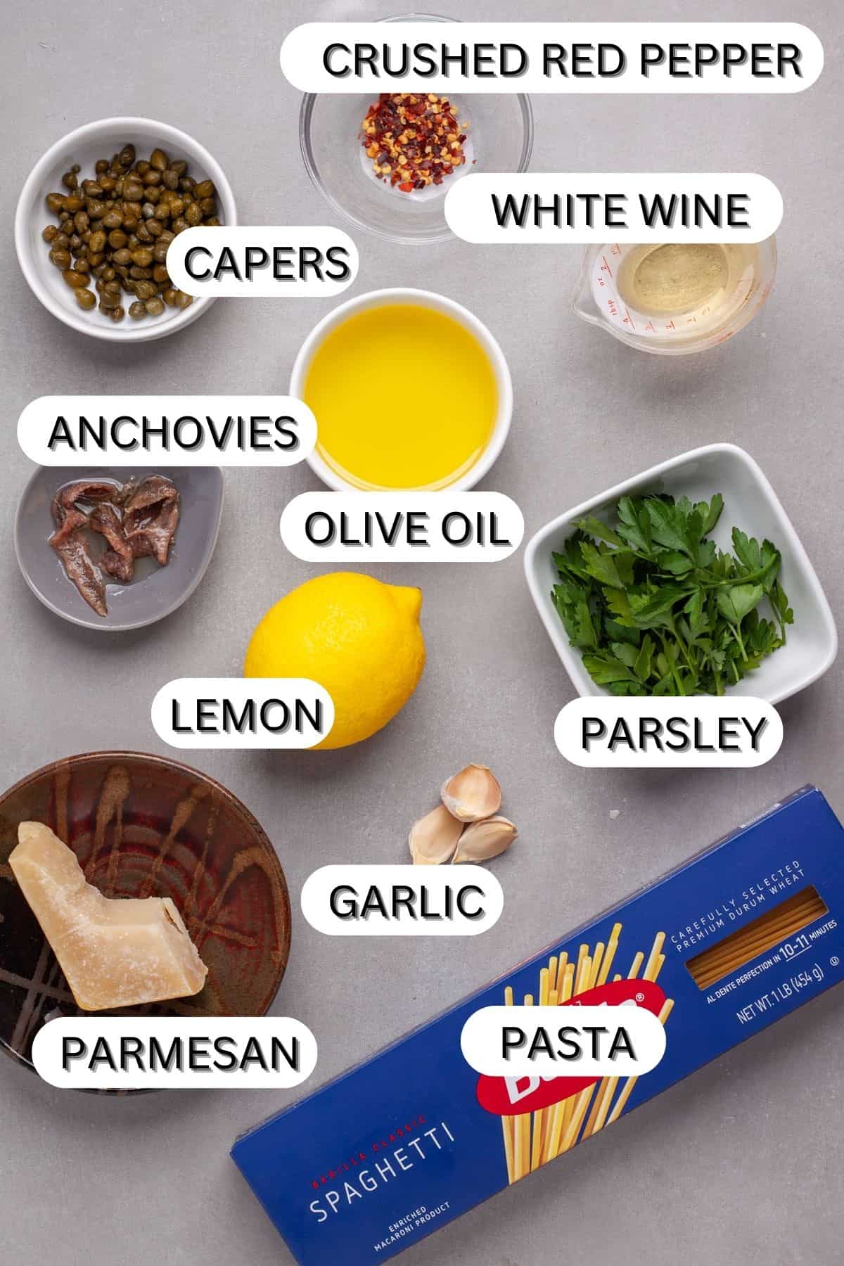 Ingredients for a lemon caper pasta dish.