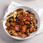 A serving platter of maple balsamic Brussels sprouts.