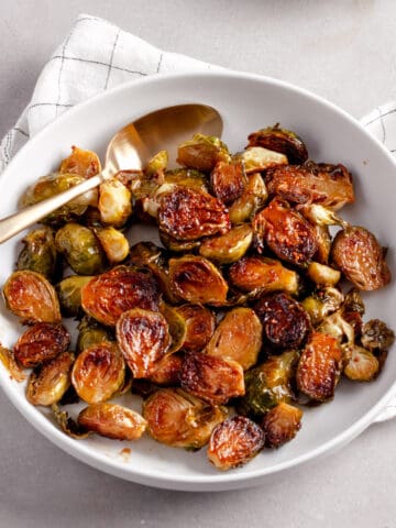 A serving platter of maple balsamic Brussels sprouts.