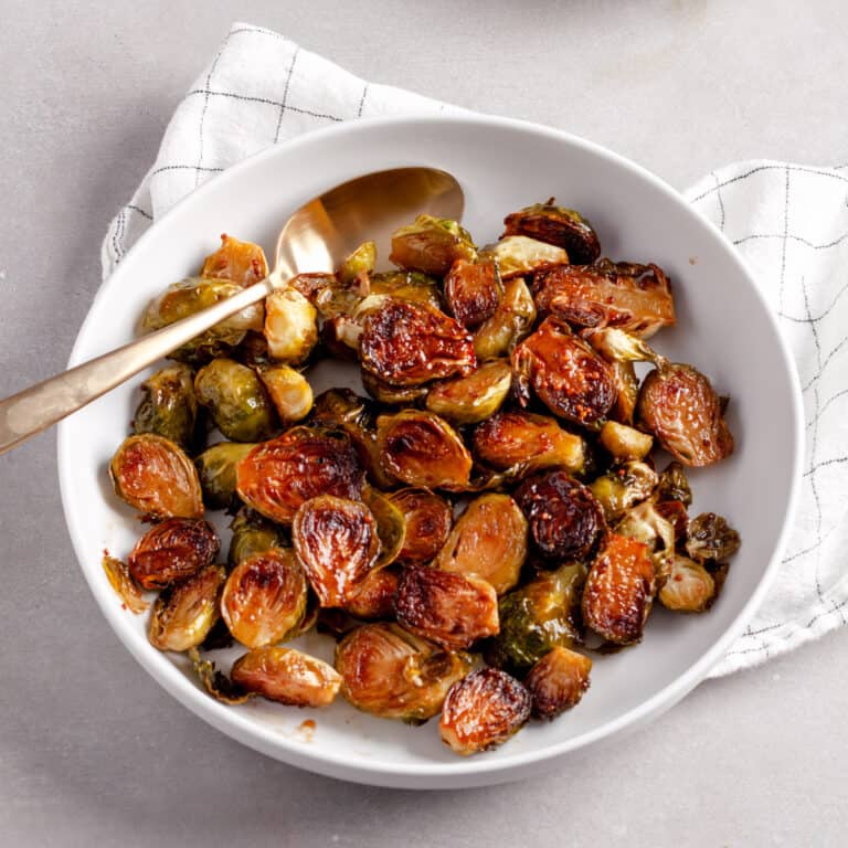 A serving platter of maple balsamic Brussels sprouts.