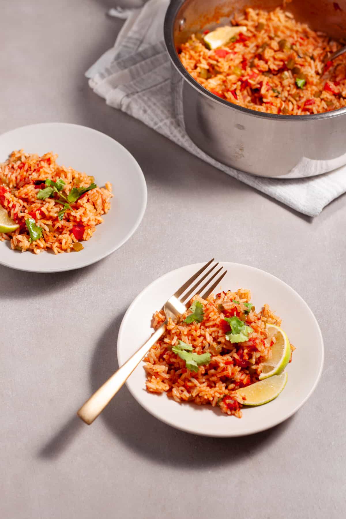A couple servings of tomato rice on small plates with a saucepan of more rice to the side.