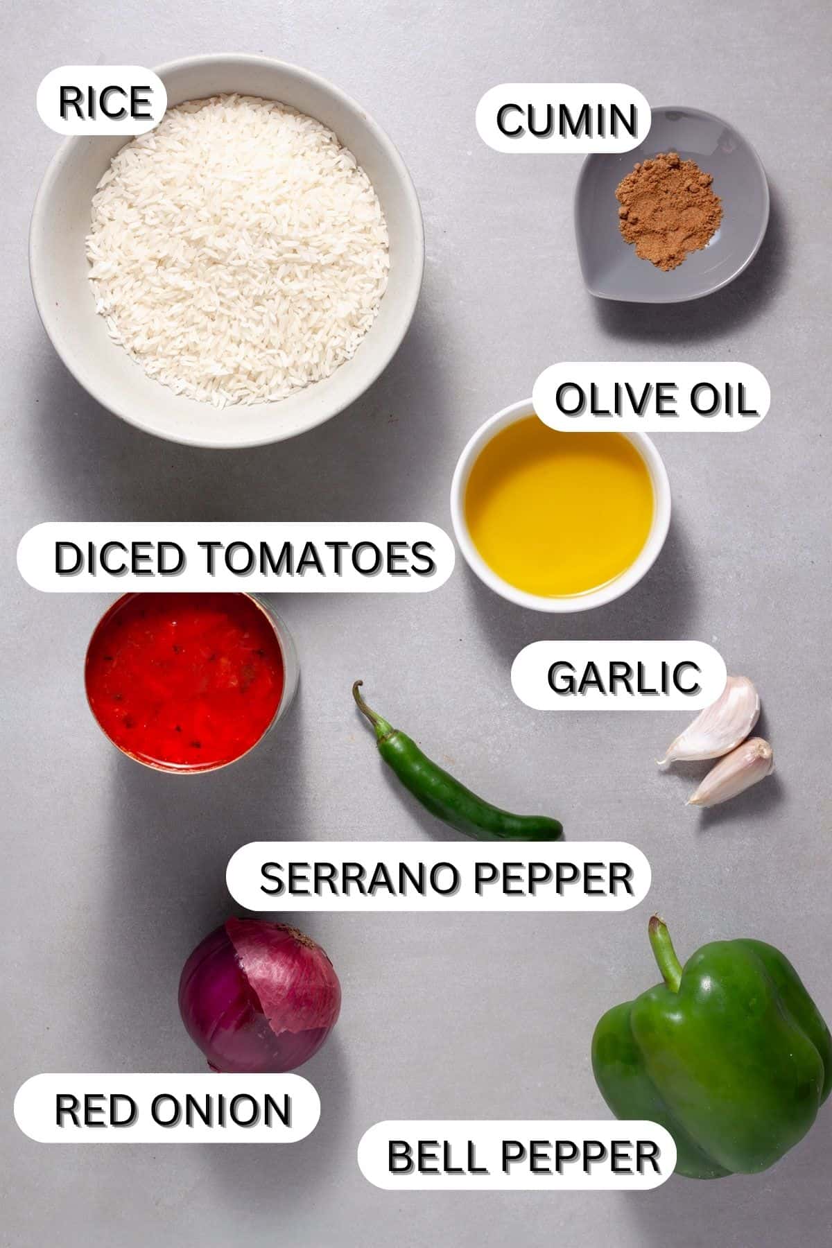Ingredients for Tomato Rice on a gray table.