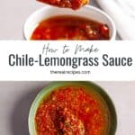 A green bowl and a white bowl with a spoon above it both with spicy chile-lemongrass sauce.