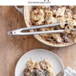 A pot of mushroom pappardelle with a serving off to the side.