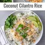 A white serving bowl with coconut cilantro rice topped with toasted coconut and cilantro leaves.