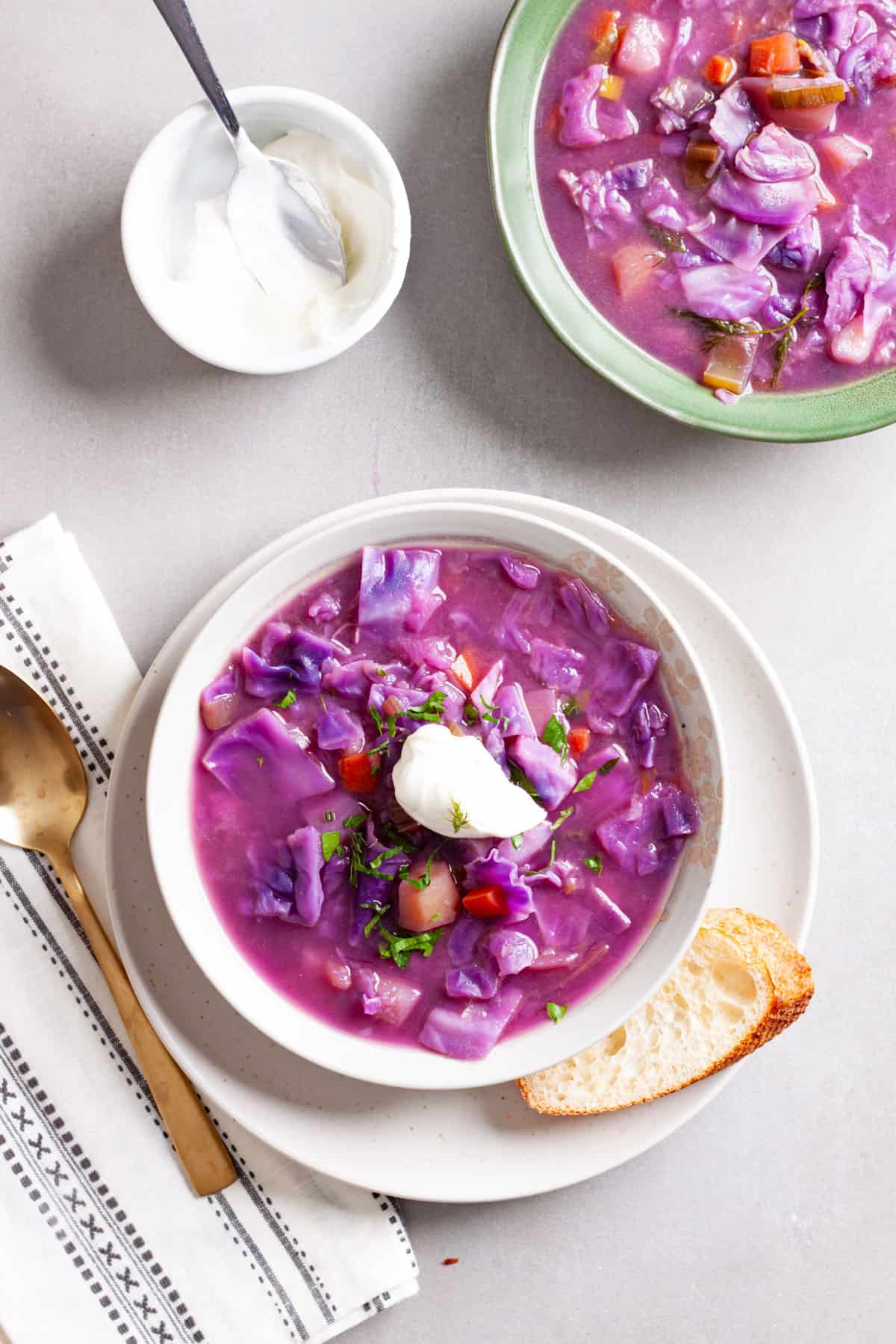 A couple bowls of red cabbage soup topped with fresh herbs and sour cream.