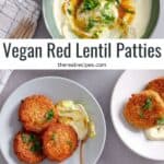 A small plate of crispy red lentil patties with a curry yogurt sauce on the side.