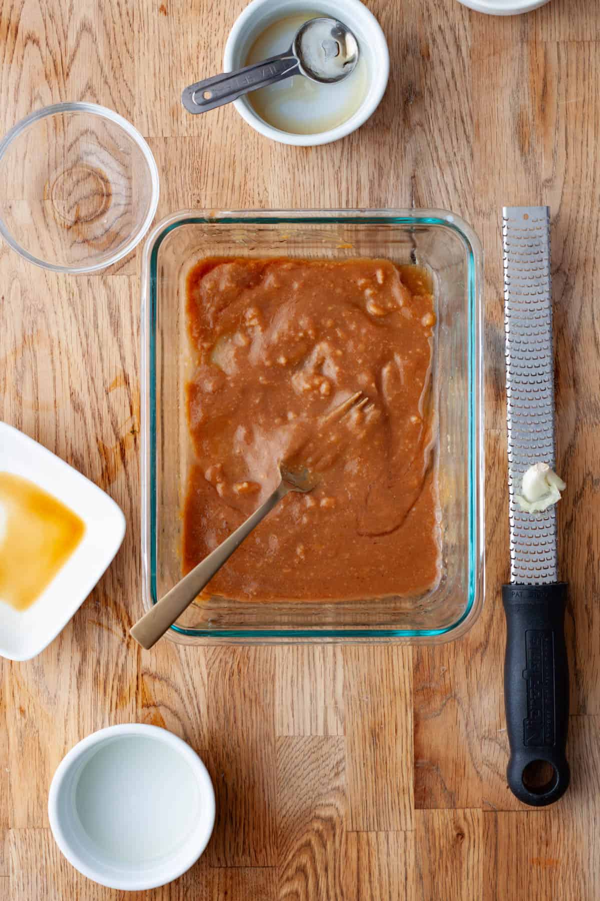 A miso marinade in a small dish for miso salmon.