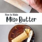 A roll of homemade miso butter on a small brown dish with a small butter knife to the side.
