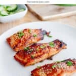 A plate with miso salmon slightly charred with sliced scallions on top.