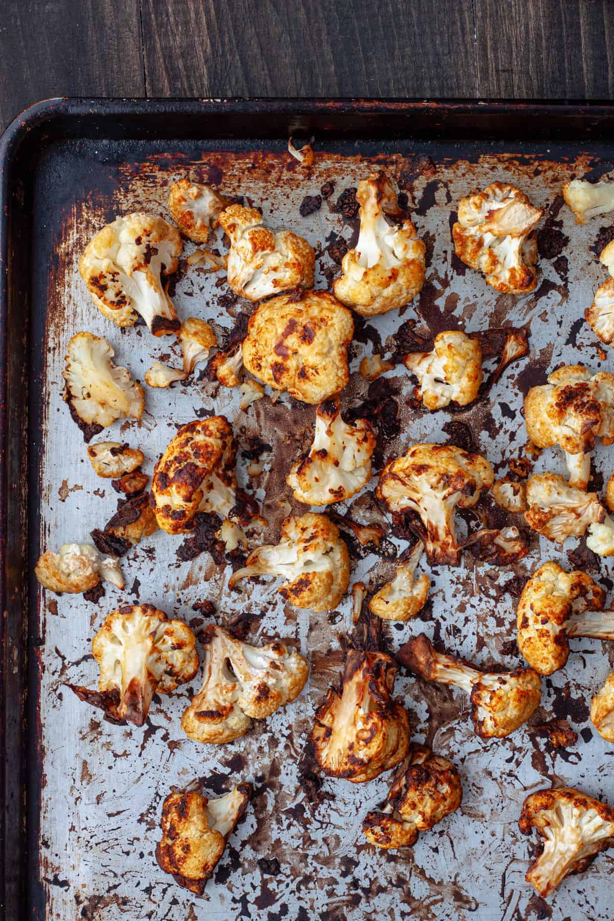 Roasted miso cauliflower on a baking sheet.