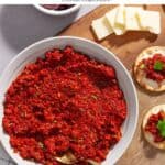A bowl of sun-dried tomato spread with crackers off to the side.