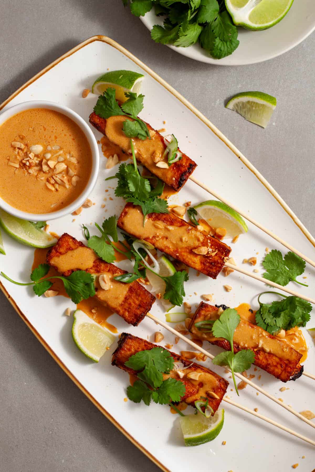 A white platter of tofu satay topped with cilantro, scallions, peanut and peanut sauce.