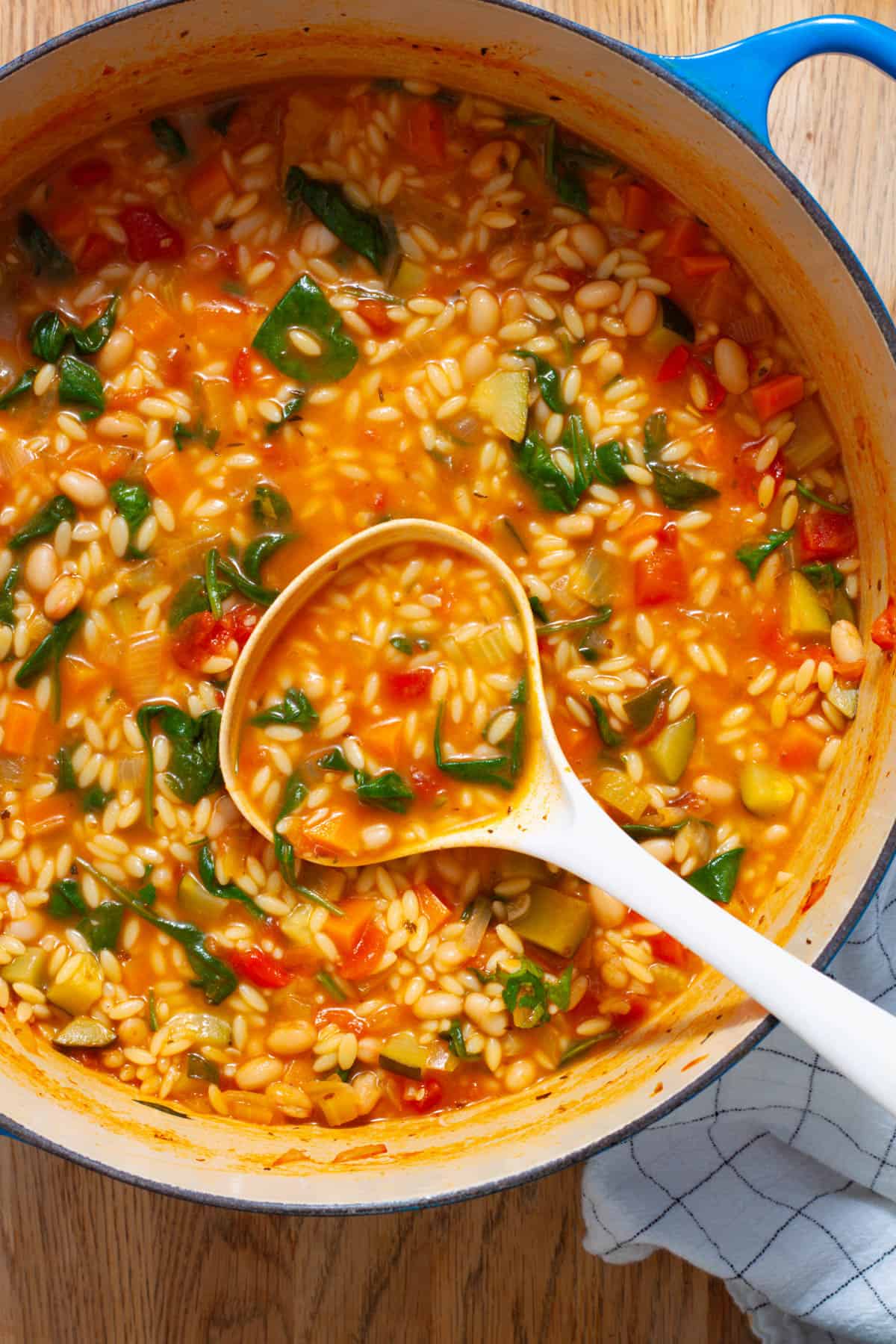 A white ladle in a pot of orzo vegetable soup.