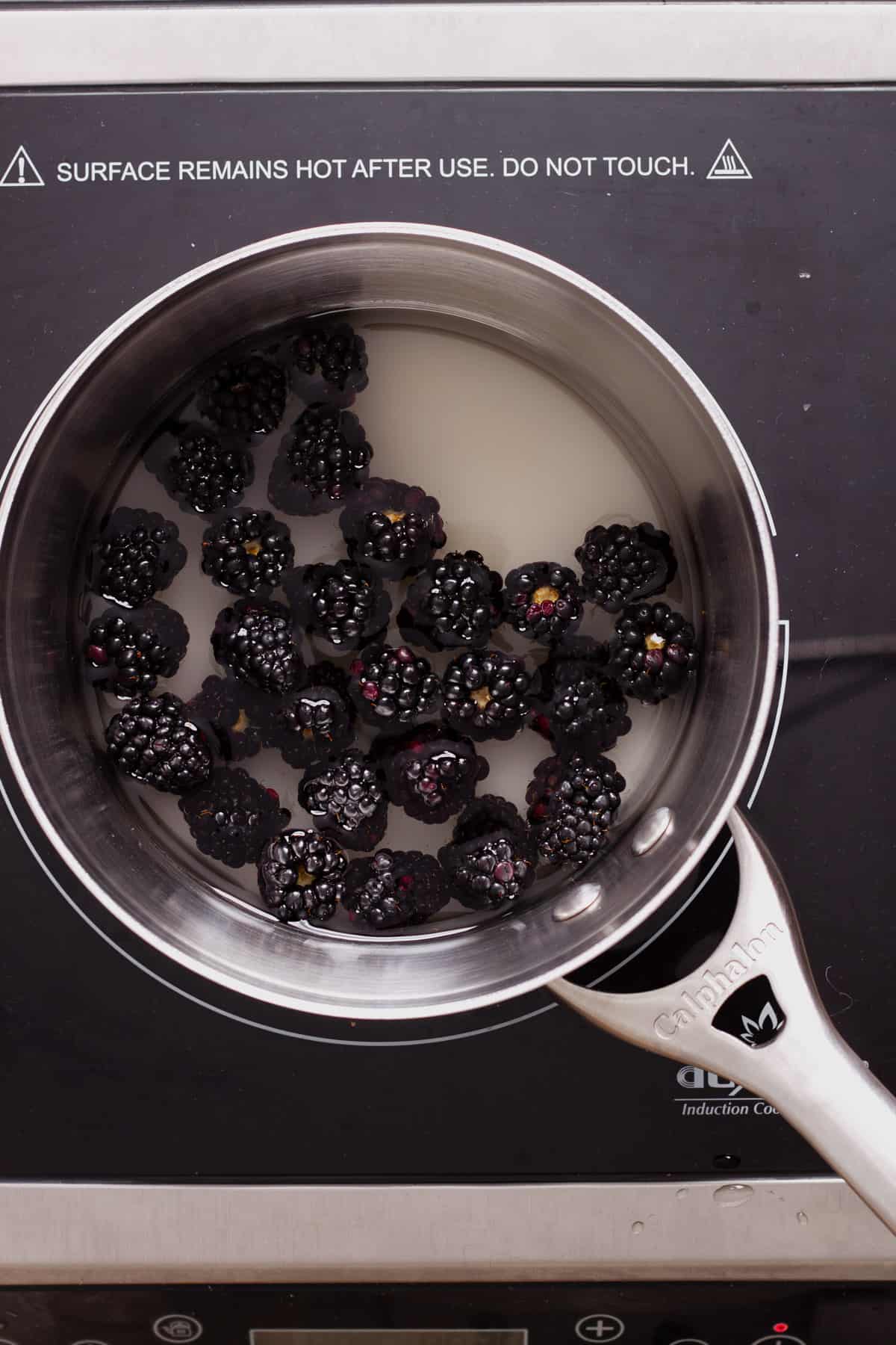 Blackberries, sugar and water in a small saucepan.