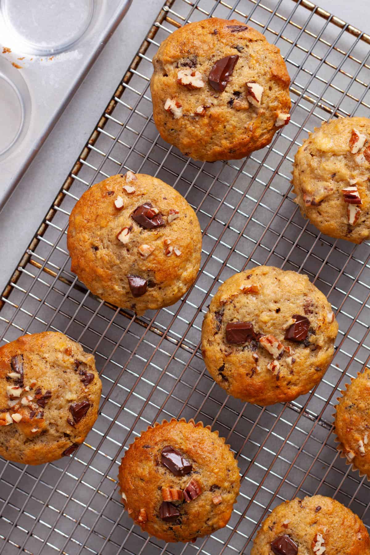 Banana chocolate muffins cooling on a wire rack.