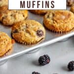 A muffin tin with blackberry oatmeal and banana muffins inside with some blackberries scattered in front.
