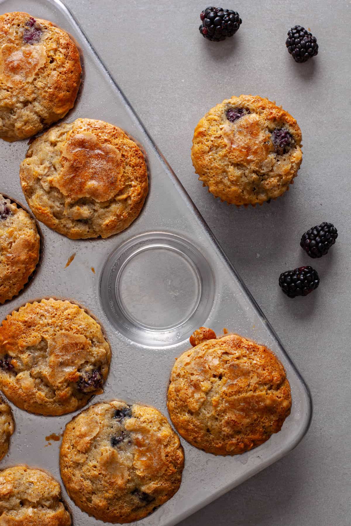 A muffin tin with blackberry oat muffins and one muffin removed to the side with blackberries scattered on the table.