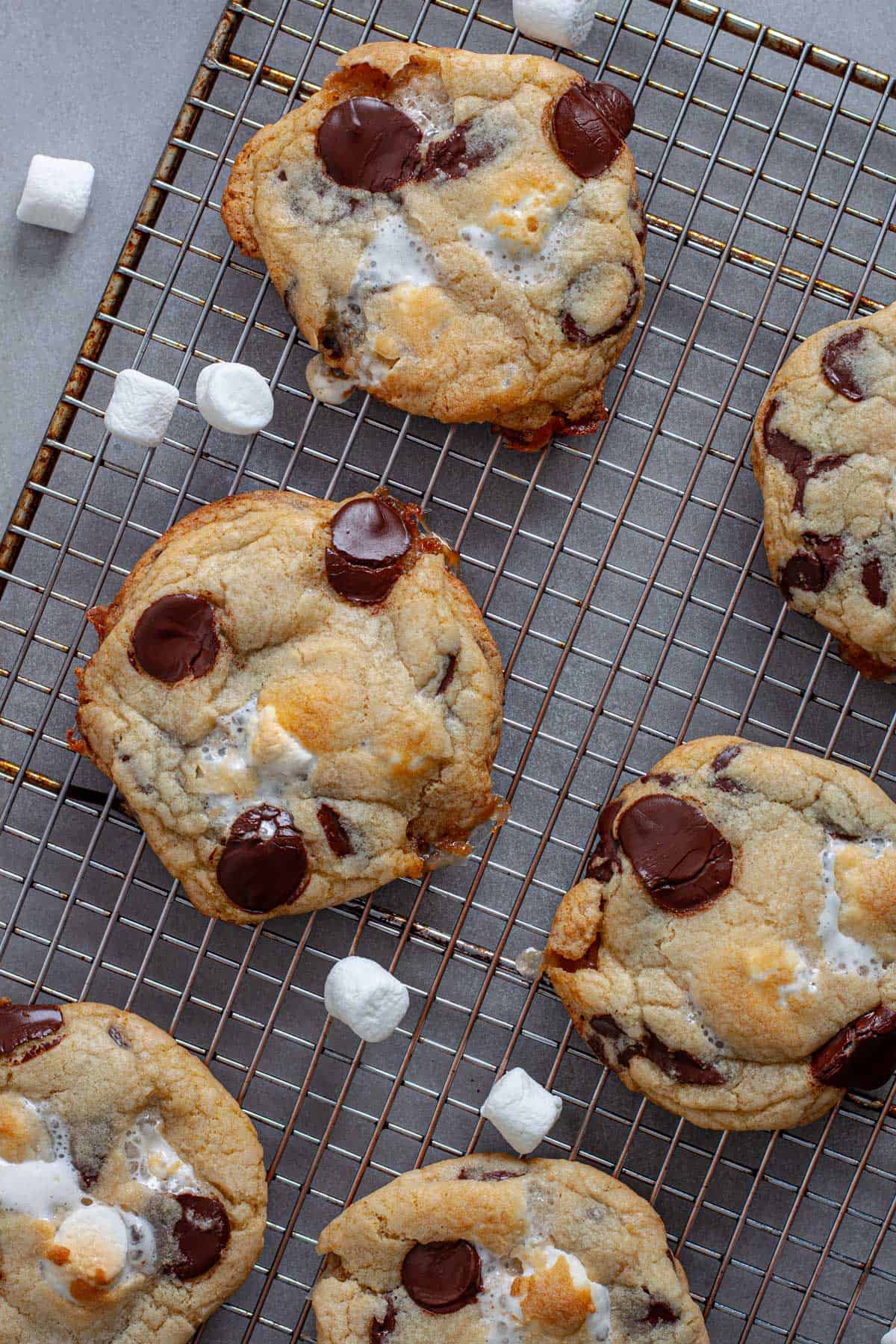 Chocolate chip marshmallow cookies cooling on a wire rack.