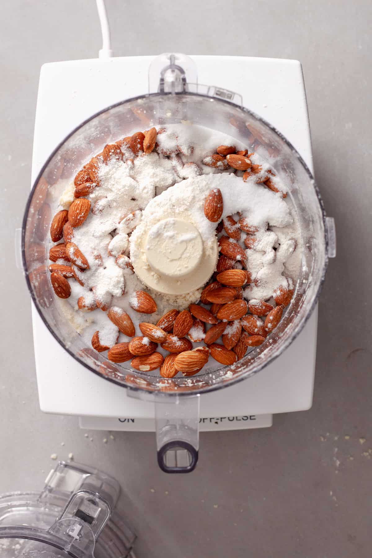 Almonds, sugar and flour in a food processor.