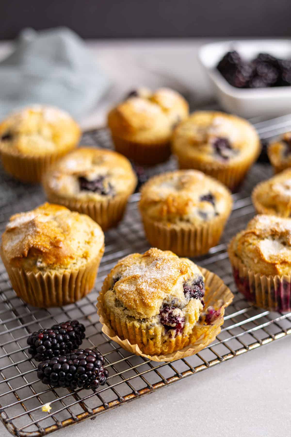 Gluten free blackberry muffins cooling on a wire rack on a gray table.