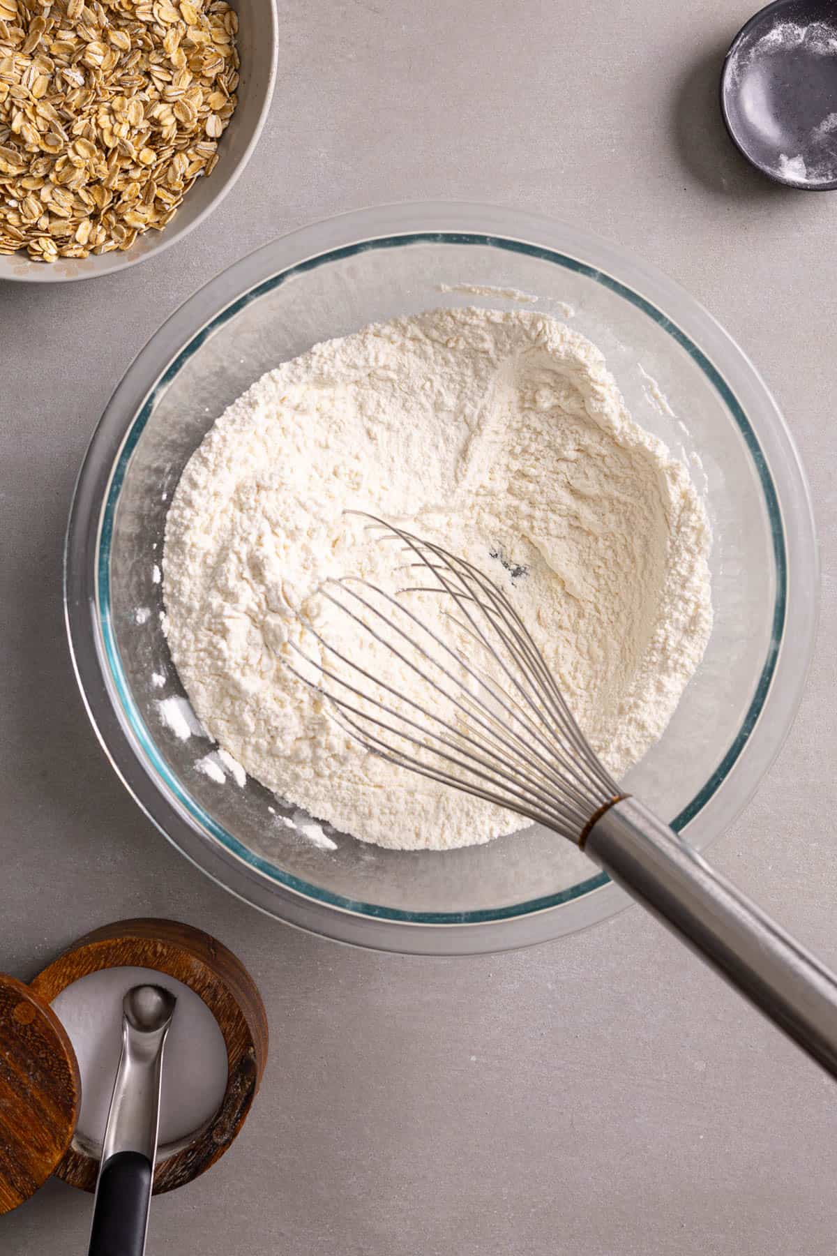Flour and other ingredients whisked together in a medium bowl.