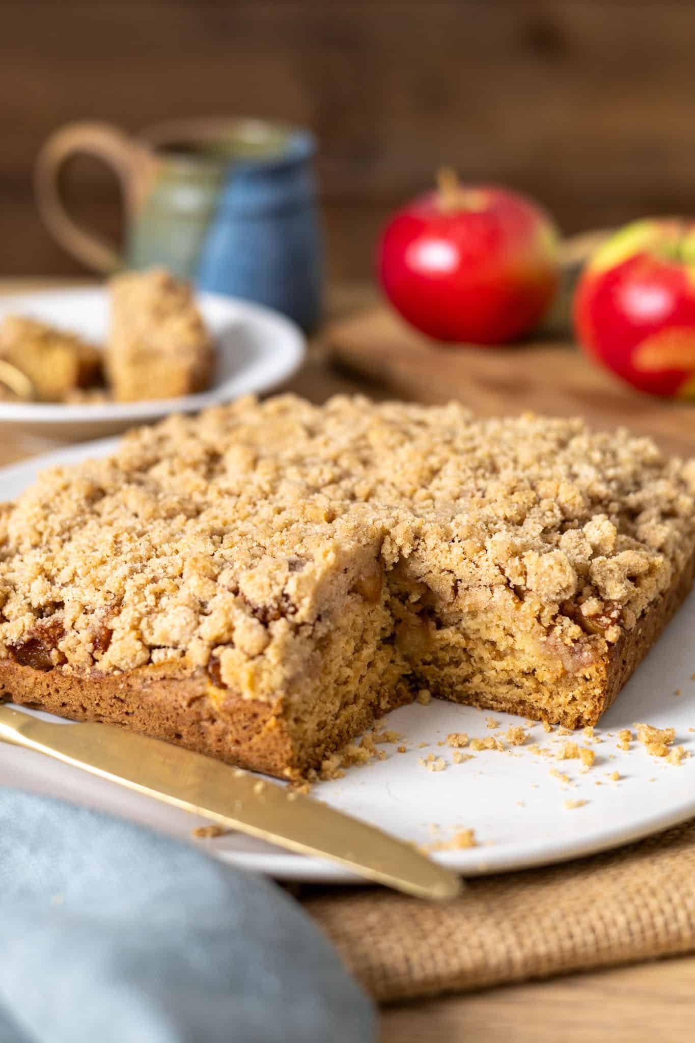 A close up of applesauce crumb cake on a white plate.