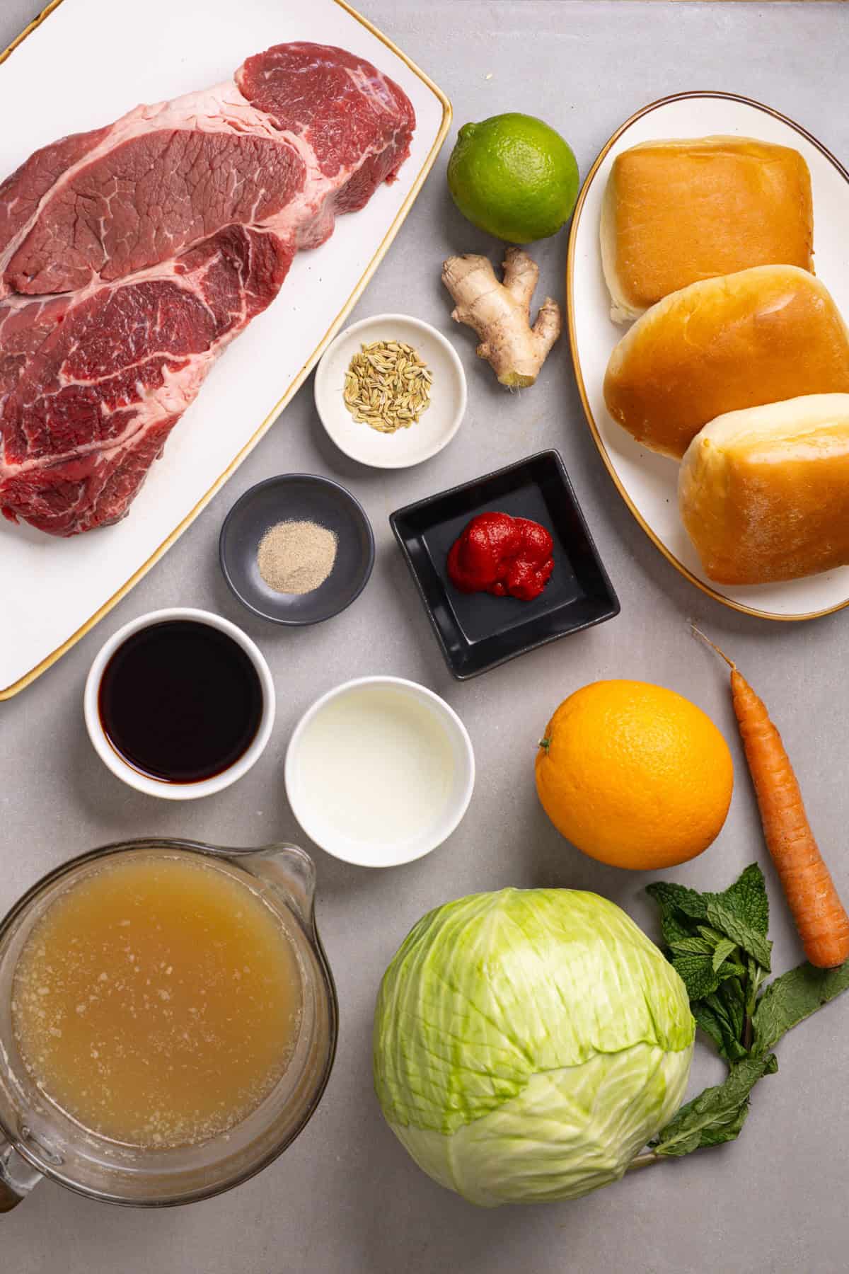 Ingredients for braised beef sliders with citrus slaw.